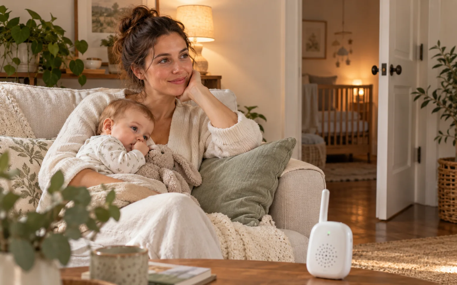 Illustration générique d'une maman au salon avec son bébé, un écoute-bébé posé sur la table basse