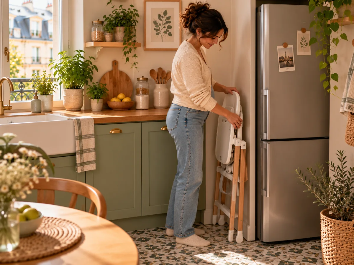 Illustration générique d'une maman qui range une chaise haute pliée entre le réfrigérateur et le mur