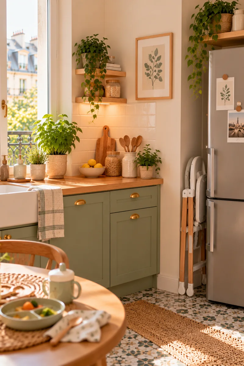 Illustration générique d'une cuisine compacte vert sauge, chaise haute pliée entre le plan de travail et le réfrigérateur