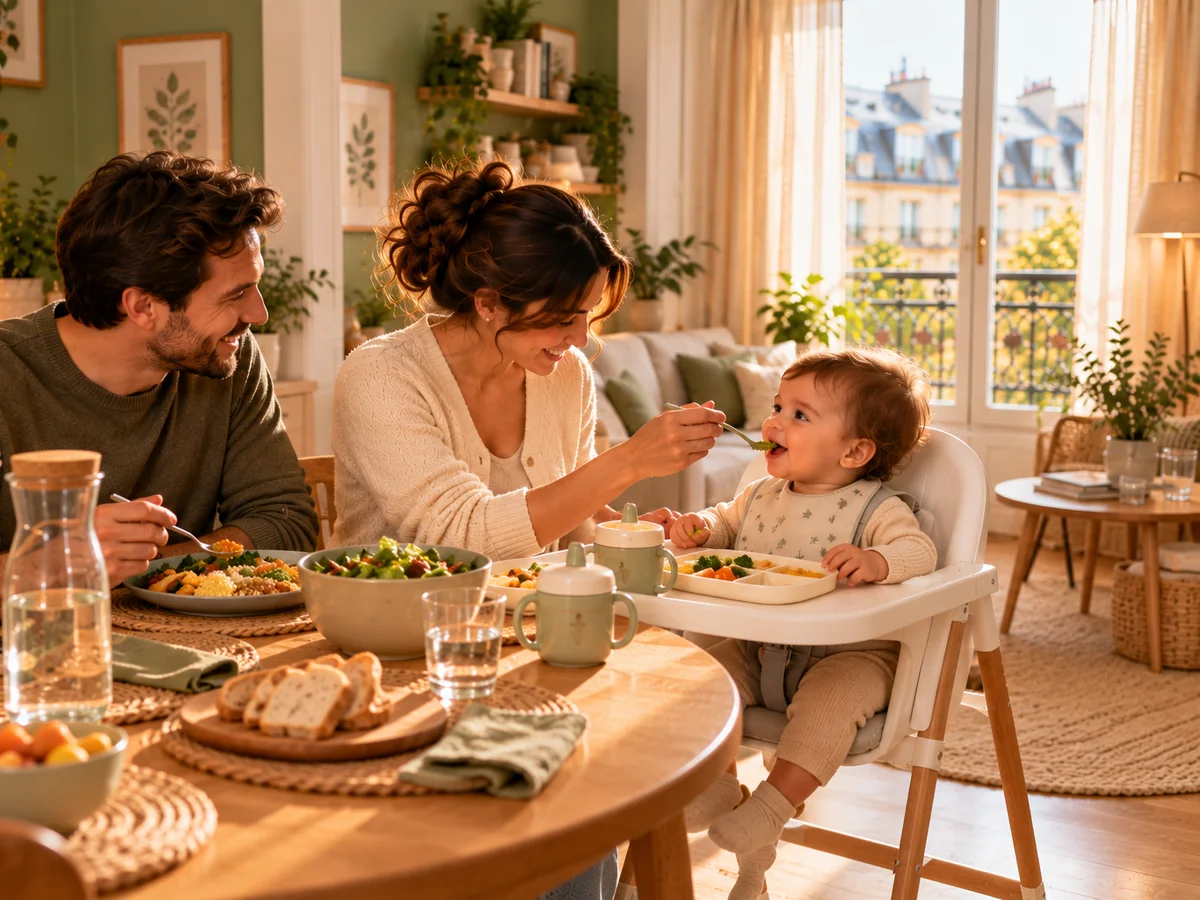 Illustration générique d'un repas de famille, la chaise haute de l'enfant approchée de la table