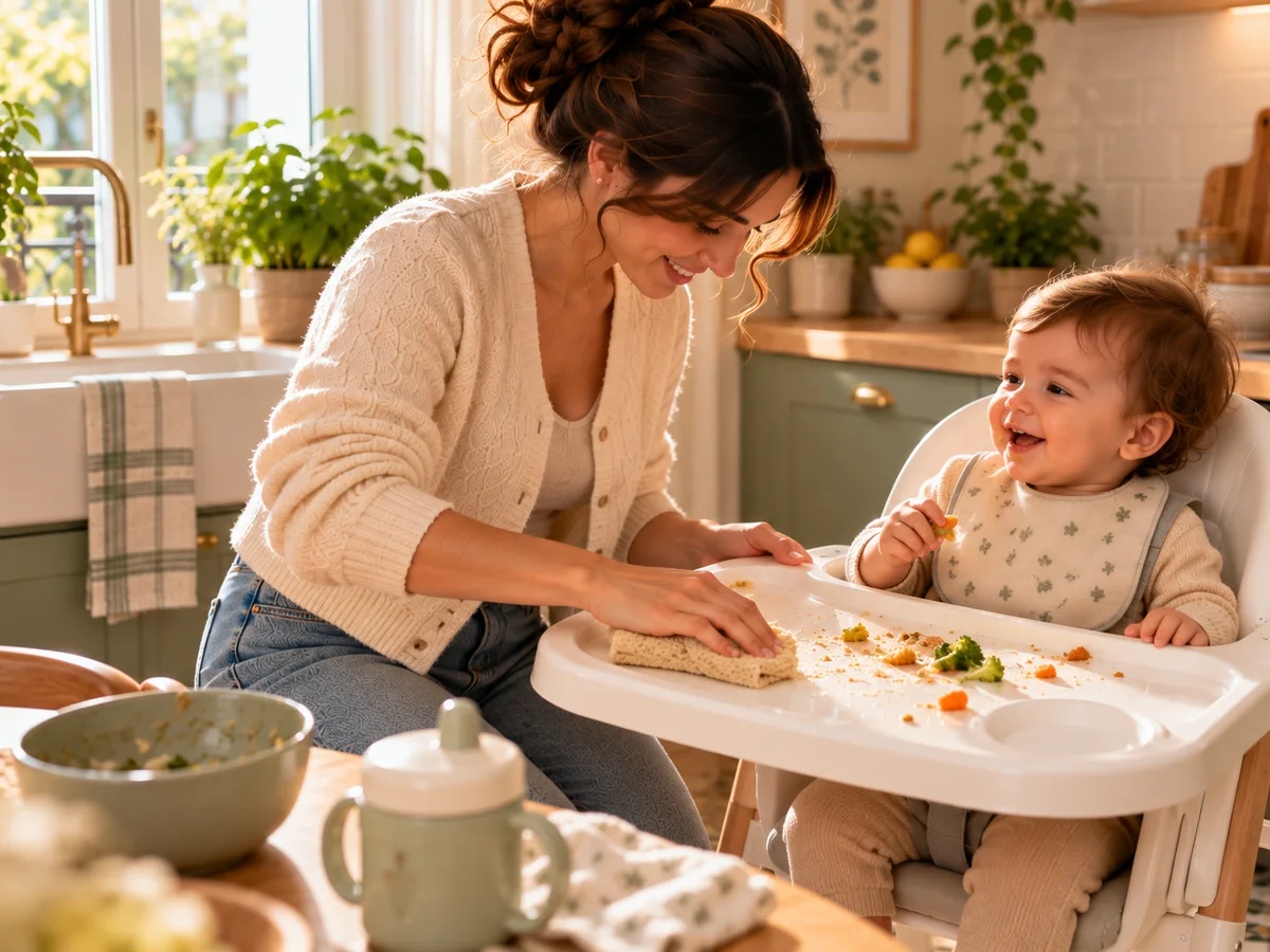 Illustration générique d'une maman qui essuie la tablette de la chaise haute après le repas