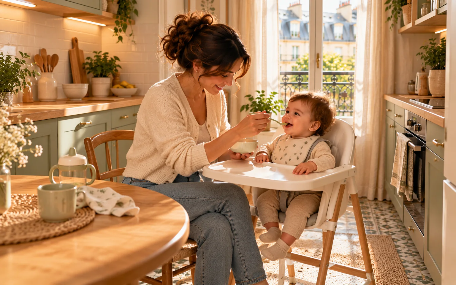 Illustration générique d'une maman qui donne la cuillère à son enfant, assis dans une chaise haute, dans une petite cuisine lumineuse