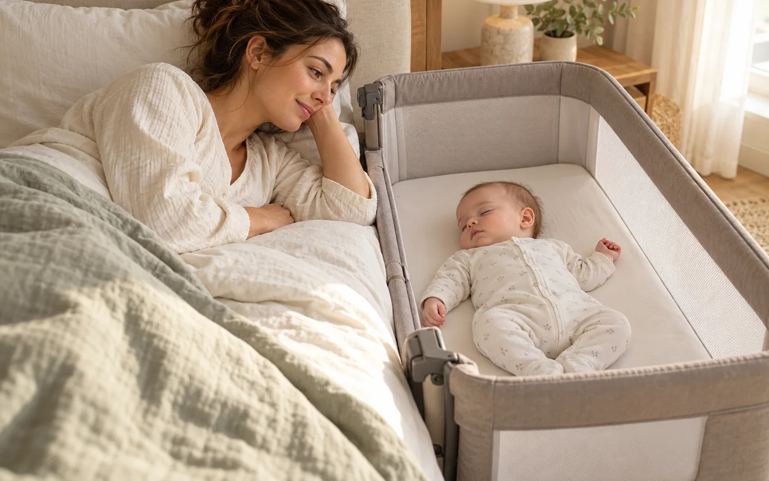 Illustration générique d'un bébé endormi sur le dos dans un berceau cododo accolé au lit de sa maman