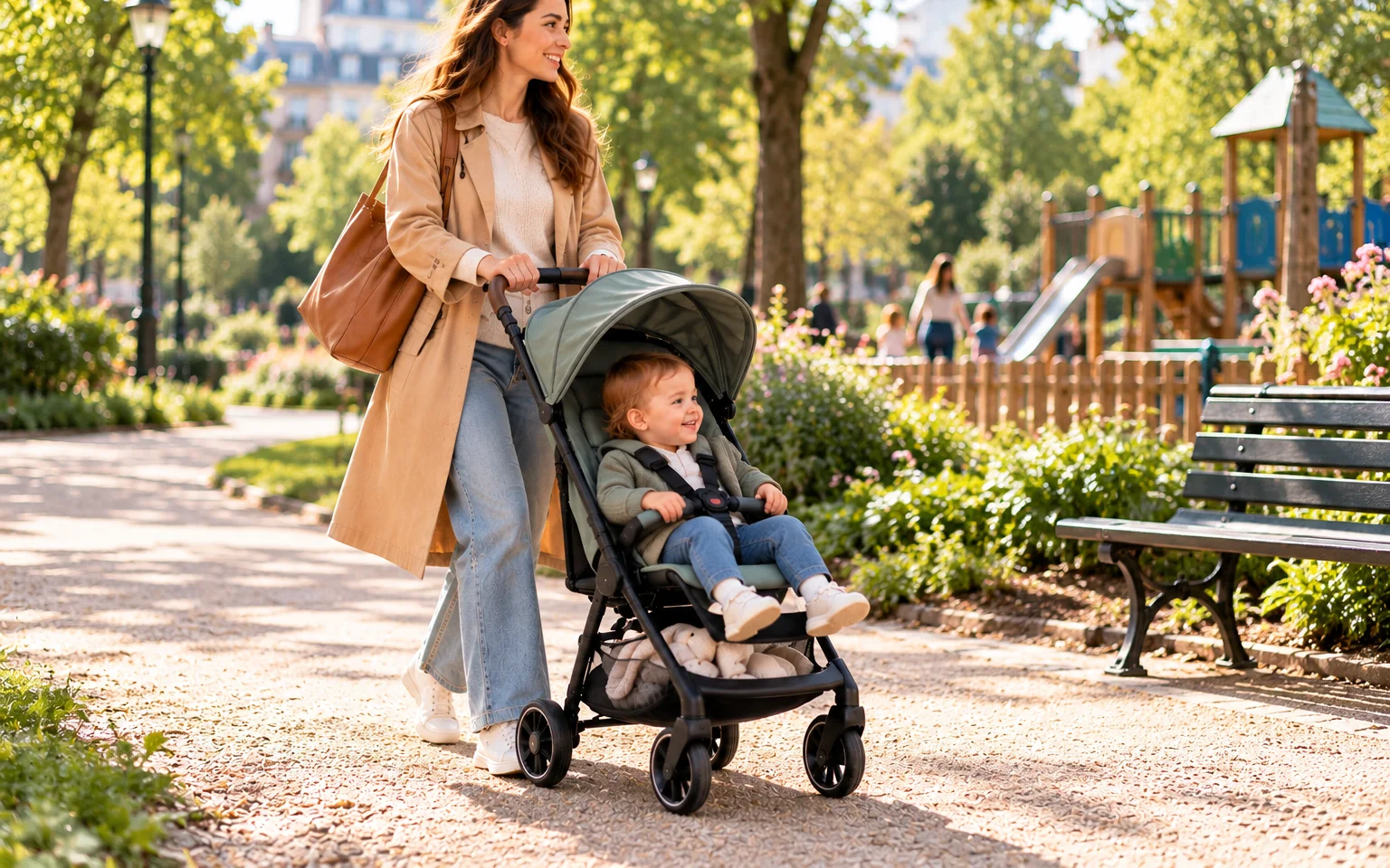 Illustration générique d'une maman qui promène son enfant, attaché dans une poussette légère, dans un parc
