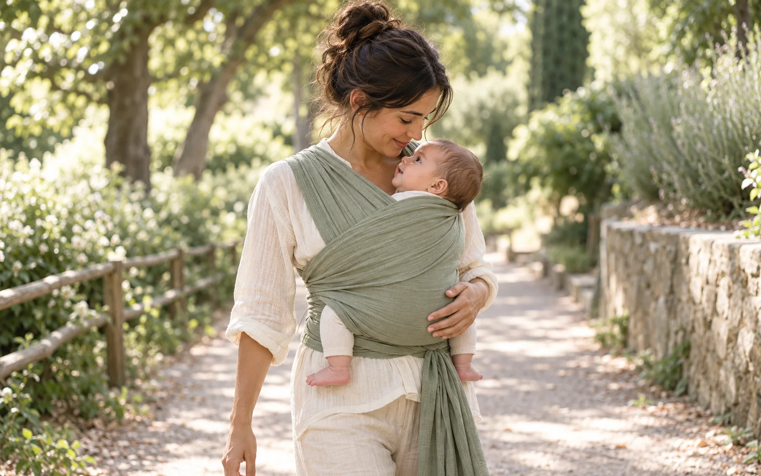 Illustration générique d'une maman qui porte son bébé en écharpe, face à elle, lors d'une promenade
