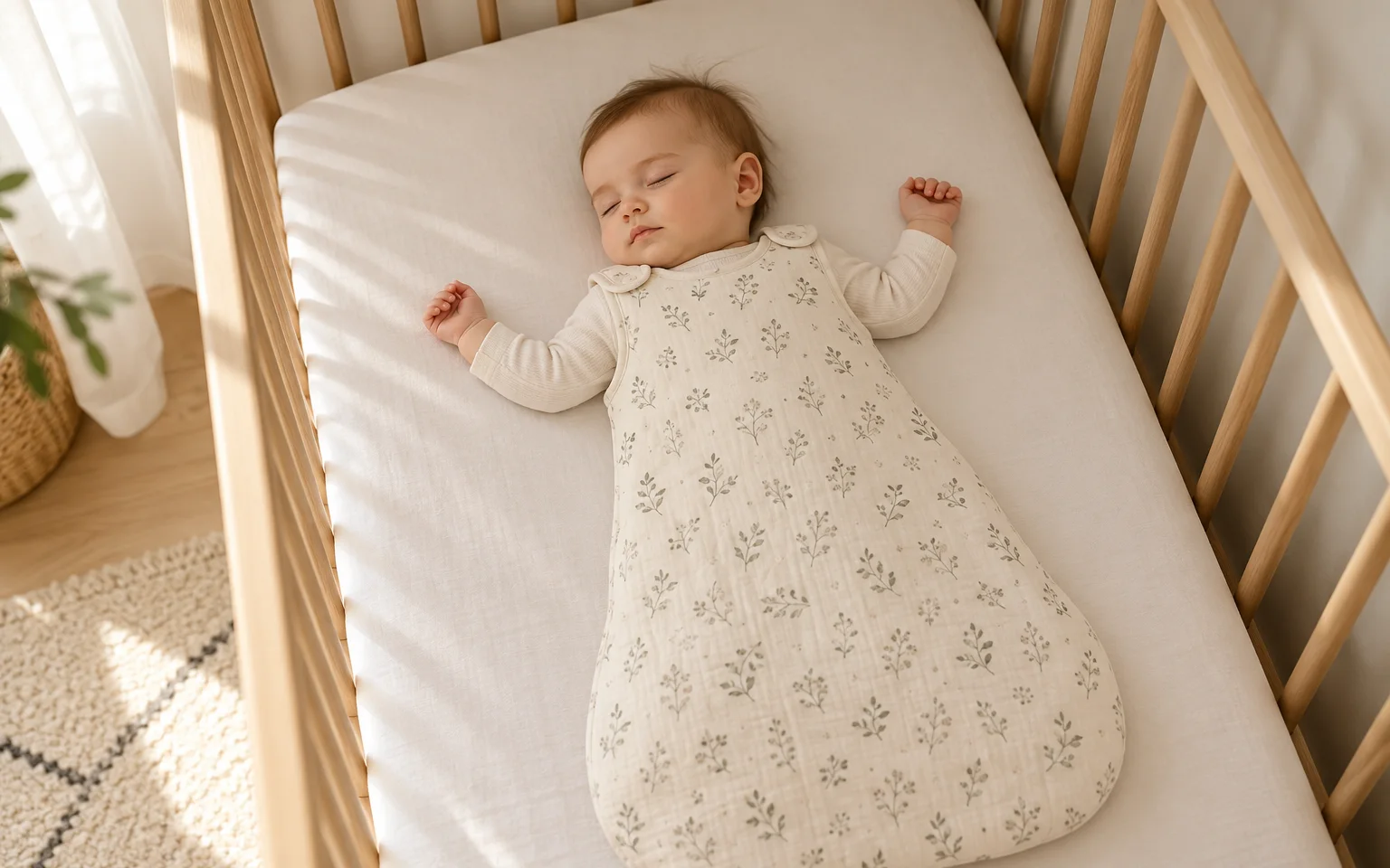 Illustration générique d'un bébé endormi sur le dos dans une gigoteuse, dans un lit à barreaux vide