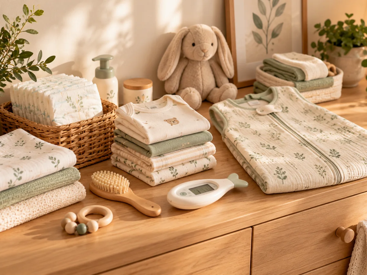 Illustration générique des essentiels de naissance disposés sur une commode en bois clair