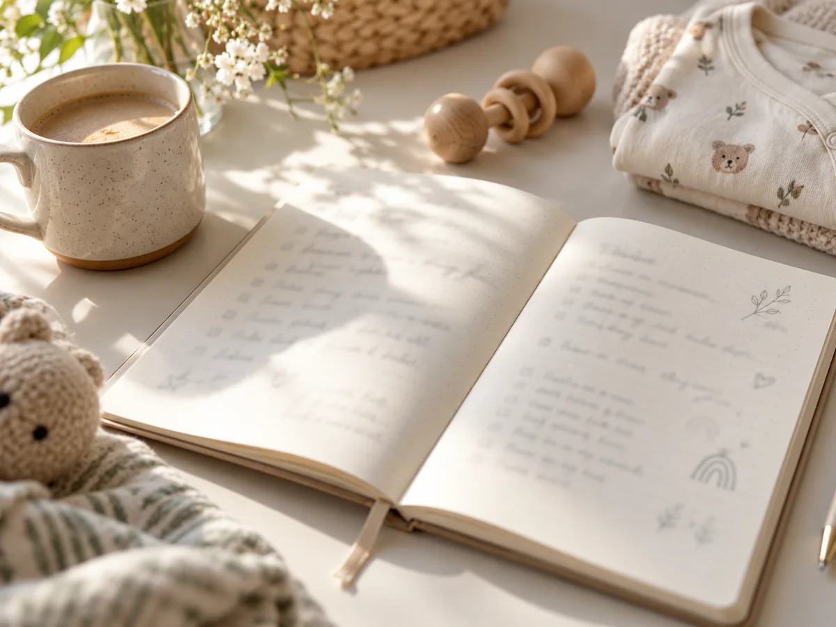 Illustration générique d'un carnet de liste de naissance ouvert à côté de vêtements de bébé