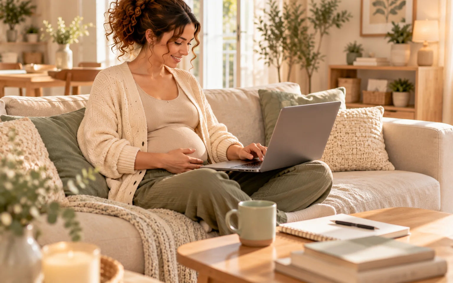 Illustration générique d'une future maman qui compose sa liste de naissance sur son ordinateur, dans un salon chaleureux