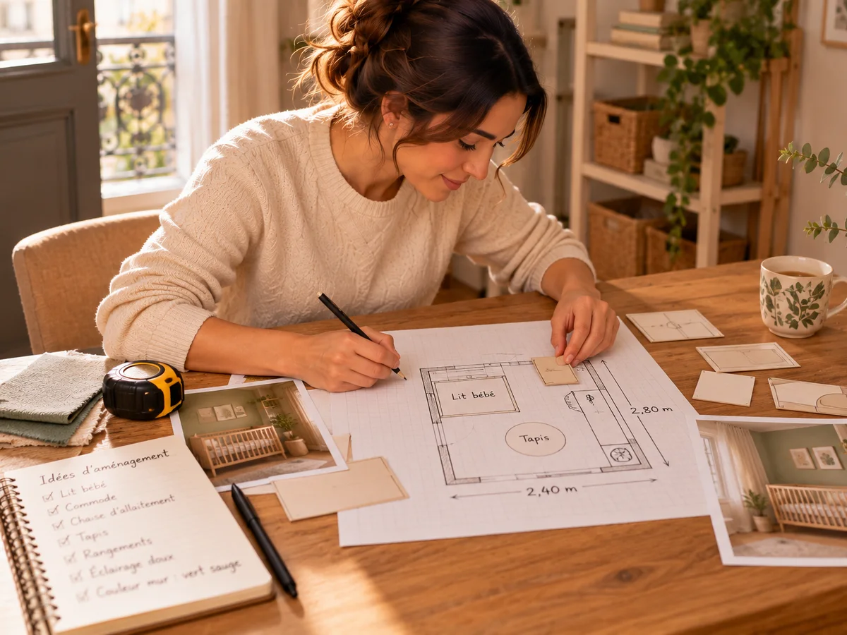 Illustration générique d'une future maman qui dessine le plan de la chambre de bébé sur papier quadrillé