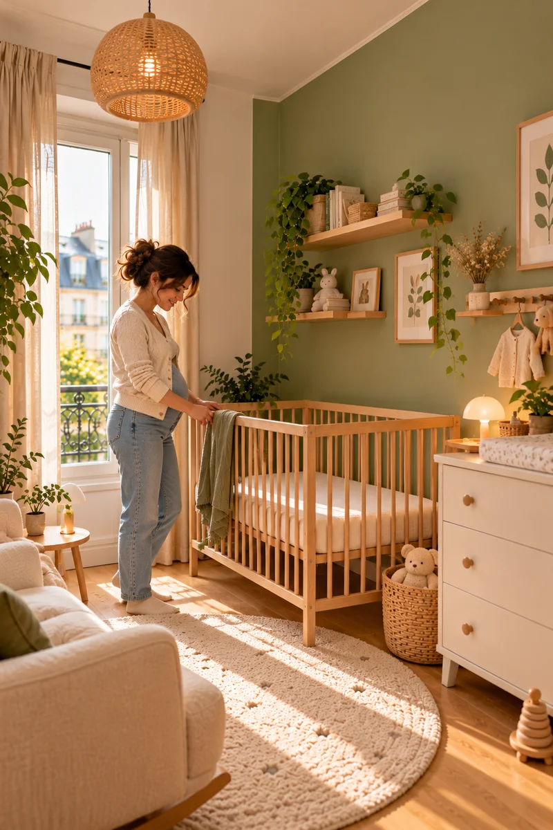 Illustration générique d'une future maman qui prépare le lit à barreaux en bois clair, vide, contre le mur vert sauge de la chambre