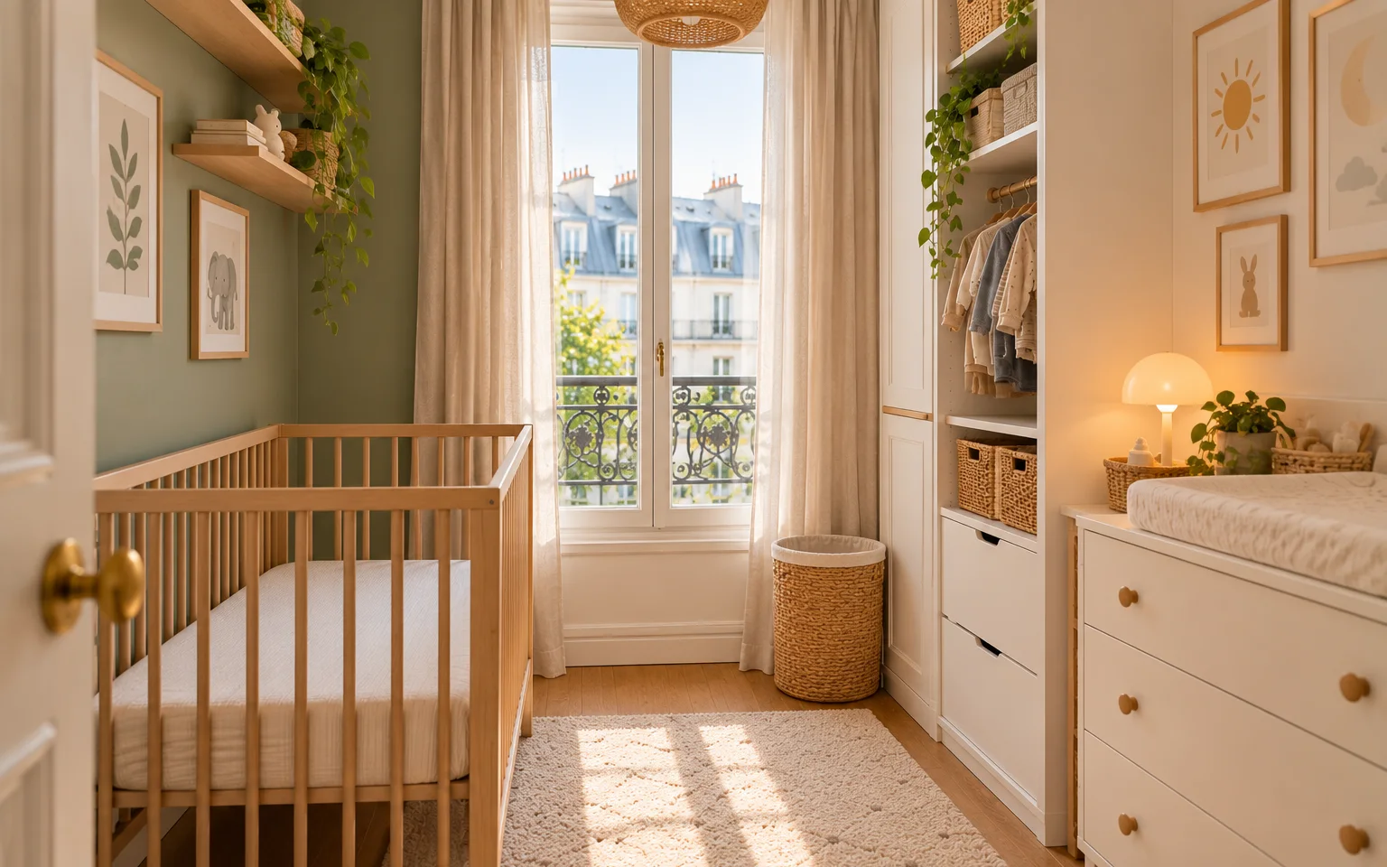 Illustration générique d'une petite chambre de bébé parisienne, lit à barreaux en bois clair vide contre un mur vert sauge