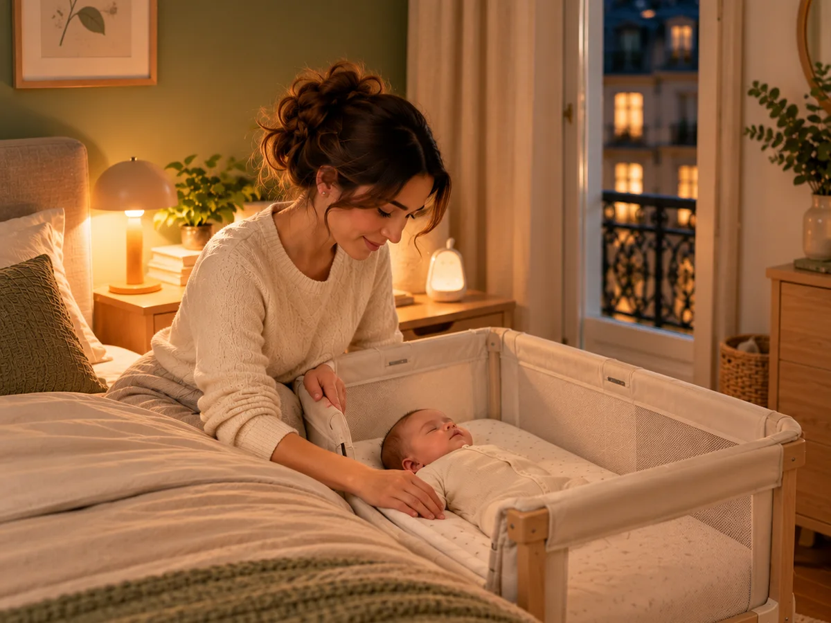 Illustration générique d'un bébé endormi sur le dos dans un berceau cododo vide de tout objet, accolé au lit des parents