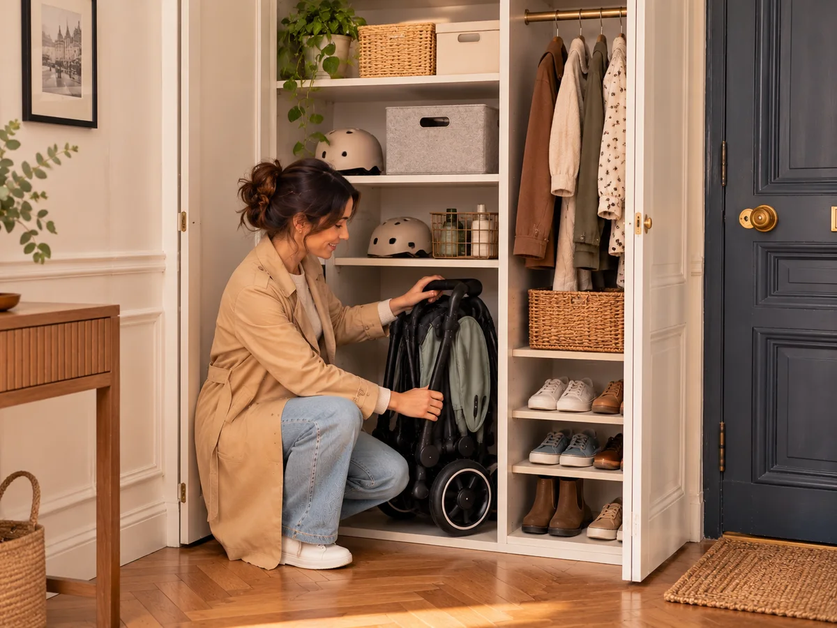 Illustration générique d'une maman qui range une poussette compacte pliée dans le placard de l'entrée
