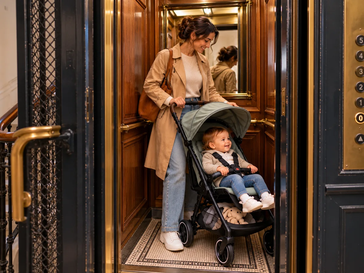 Illustration générique d'une maman et de son enfant, attaché dans une poussette compacte, dans un petit ascenseur ancien