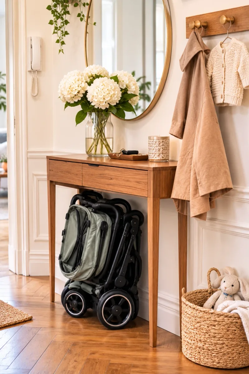 Illustration générique d'une poussette compacte pliée debout sous une console d'entrée