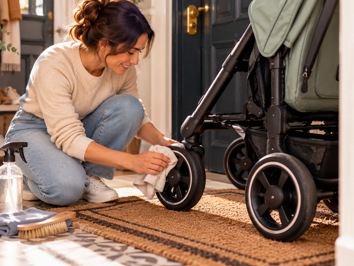 Illustration générique d'une maman qui nettoie les roues d'une poussette sur le paillasson de l'entrée