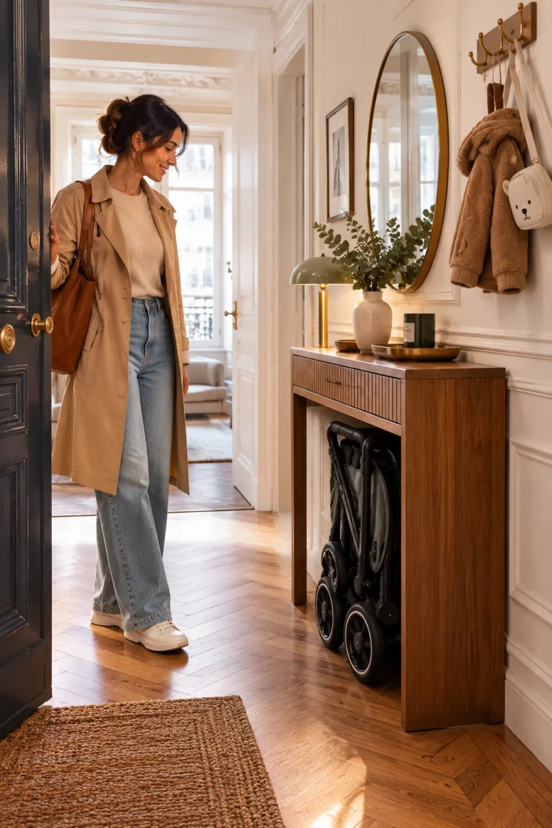 Illustration générique d'une maman qui rentre chez elle, la poussette compacte pliée rangée sous la console de l'entrée