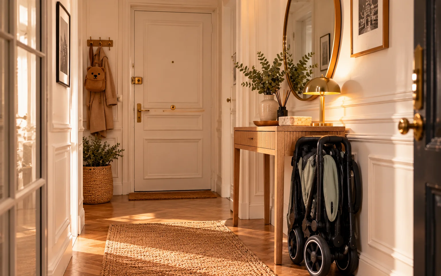 Illustration générique d'une entrée d'appartement parisien où une poussette compacte pliée est rangée contre une console