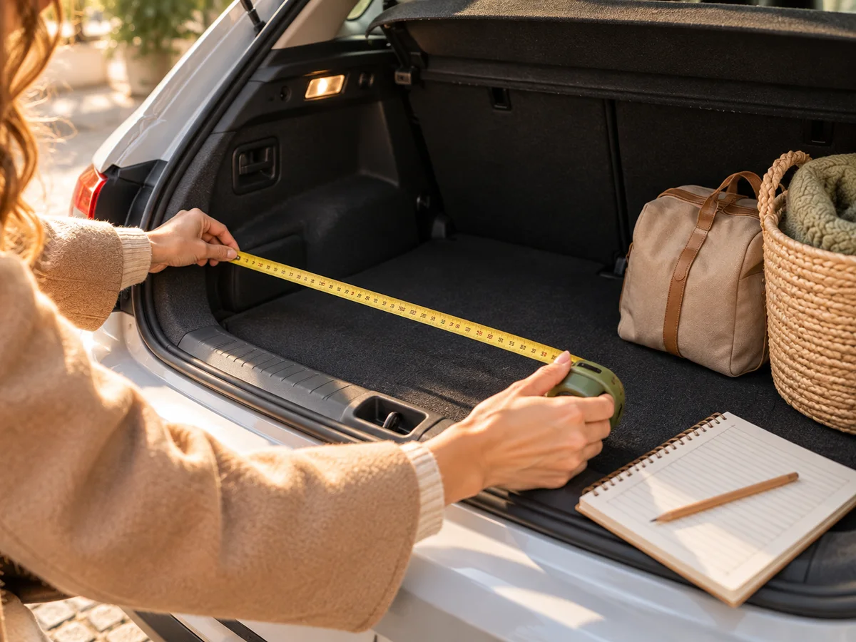 Illustration générique d'un mètre ruban déroulé dans le coffre vide d'une voiture