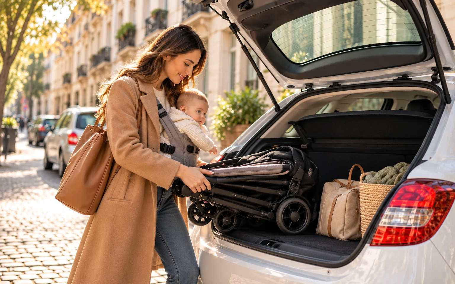 Illustration générique d'une maman qui range une poussette compacte pliée dans le coffre d'une petite citadine