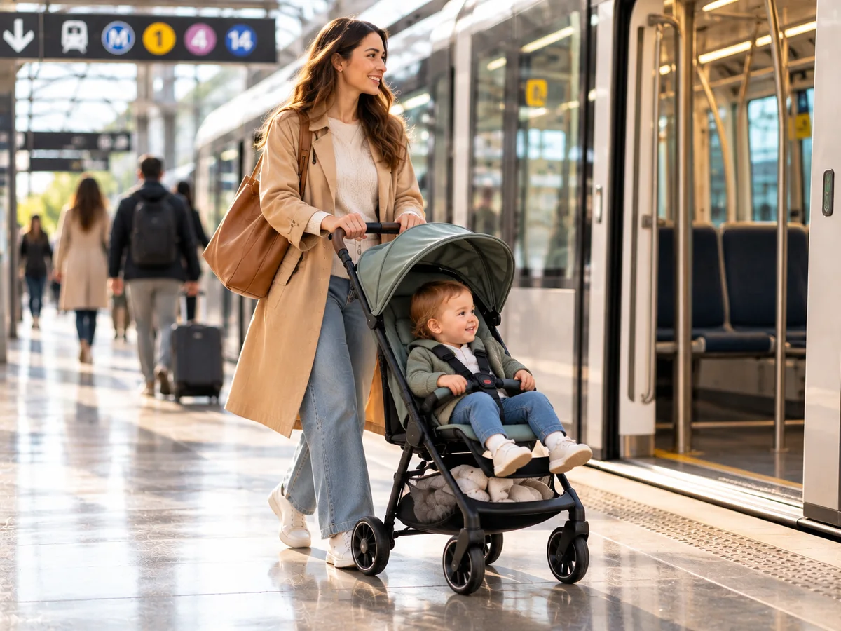 Illustration générique d'une maman qui pousse son enfant, attaché dans une poussette légère, sur un quai de métro