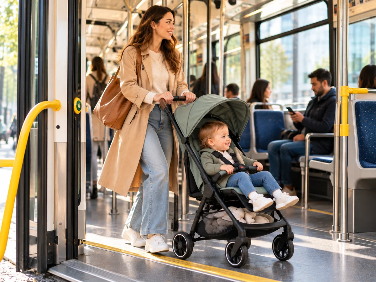 Illustration générique d'une maman qui monte dans un tramway avec son enfant attaché dans une poussette légère