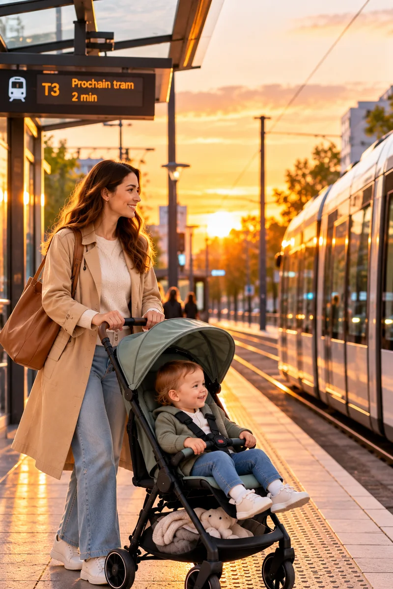 Illustration générique d'une maman et de son enfant en poussette légère qui attendent le tramway au coucher du soleil