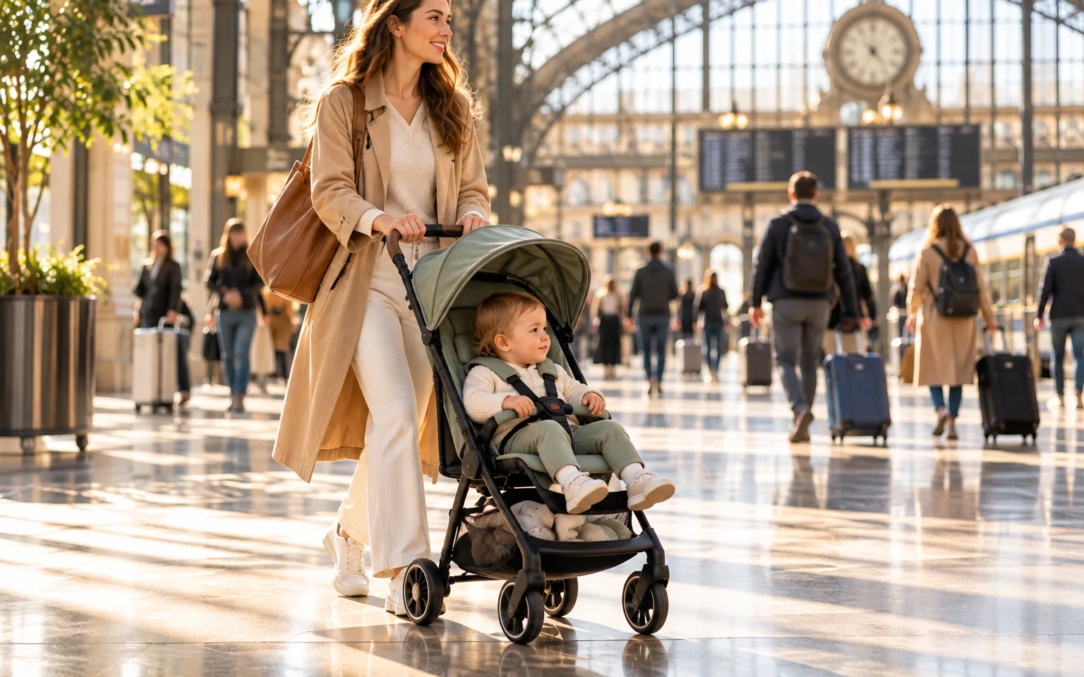 Illustration générique d'une maman qui pousse son bébé, attaché dans une poussette légère, dans un hall de gare lumineux