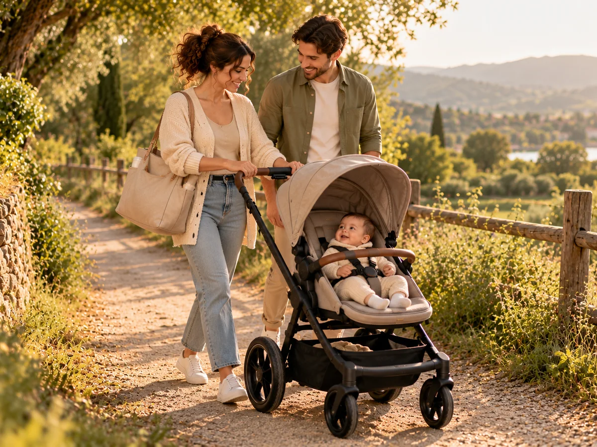 Illustration générique d'un couple qui promène son enfant, attaché dans une poussette à grandes roues, sur un chemin de campagne
