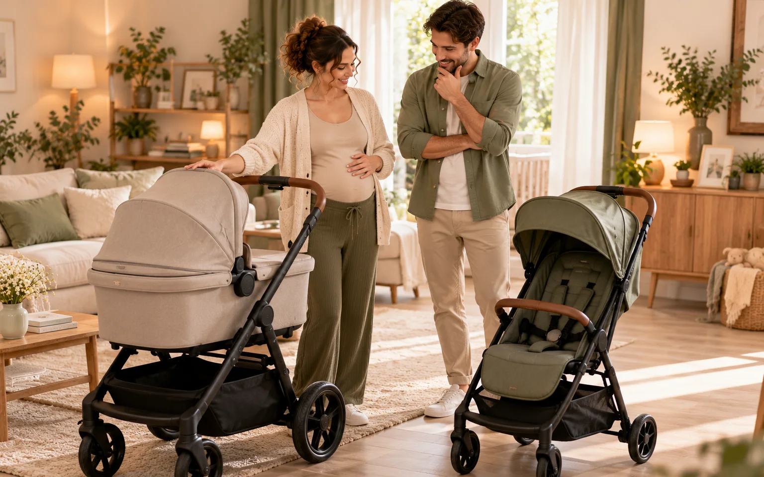 Illustration générique de futurs parents qui comparent une poussette avec nacelle et une poussette compacte dans leur salon