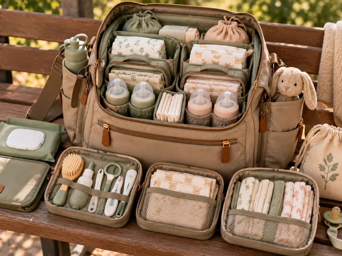 Illustration générique d'un sac à langer ouvert aux compartiments bien rangés, posé sur un banc en bois