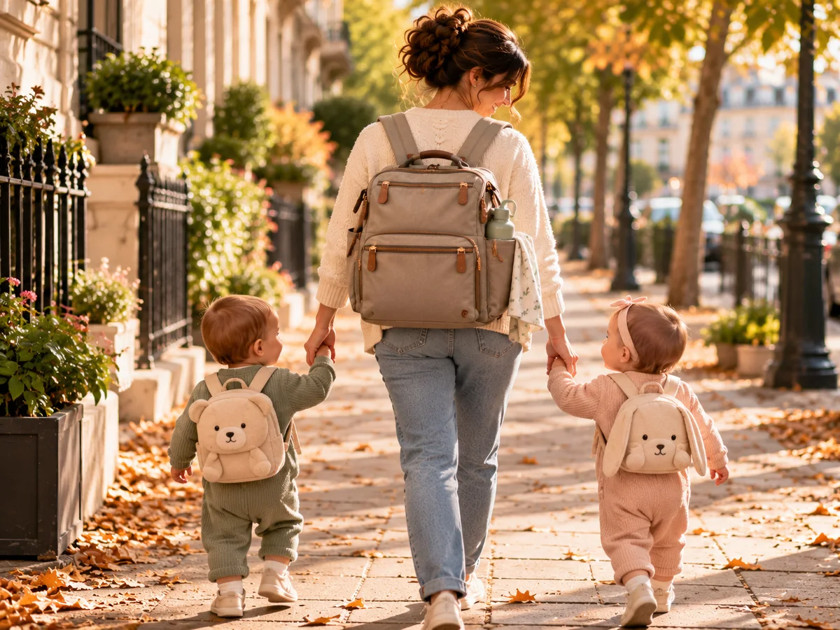 Illustration générique d'une maman, vue de dos, qui porte un sac à dos à langer et tient ses jumeaux par la main