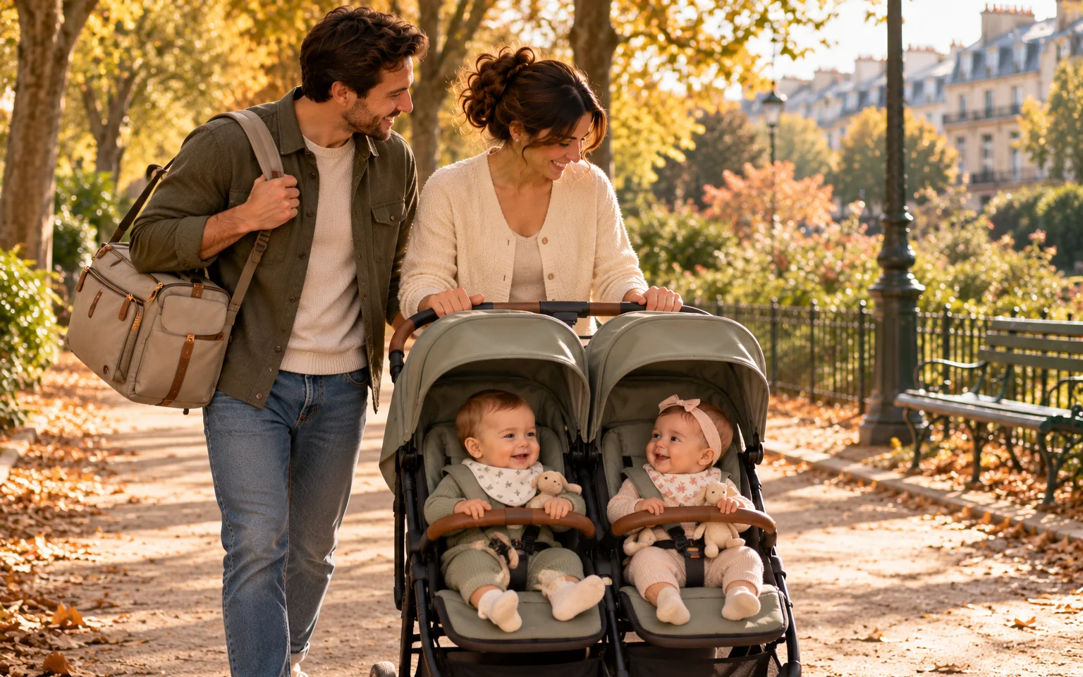 Illustration générique de parents qui promènent leurs jumeaux, attachés dans une poussette double, dans un parc en automne