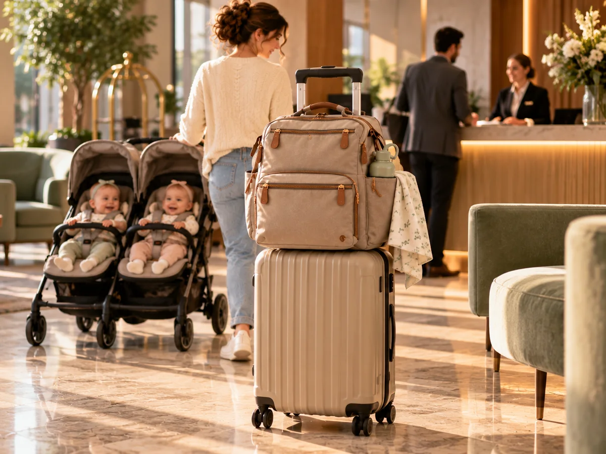 Illustration générique d'un sac à dos à langer posé sur une valise cabine dans le hall d'un hôtel
