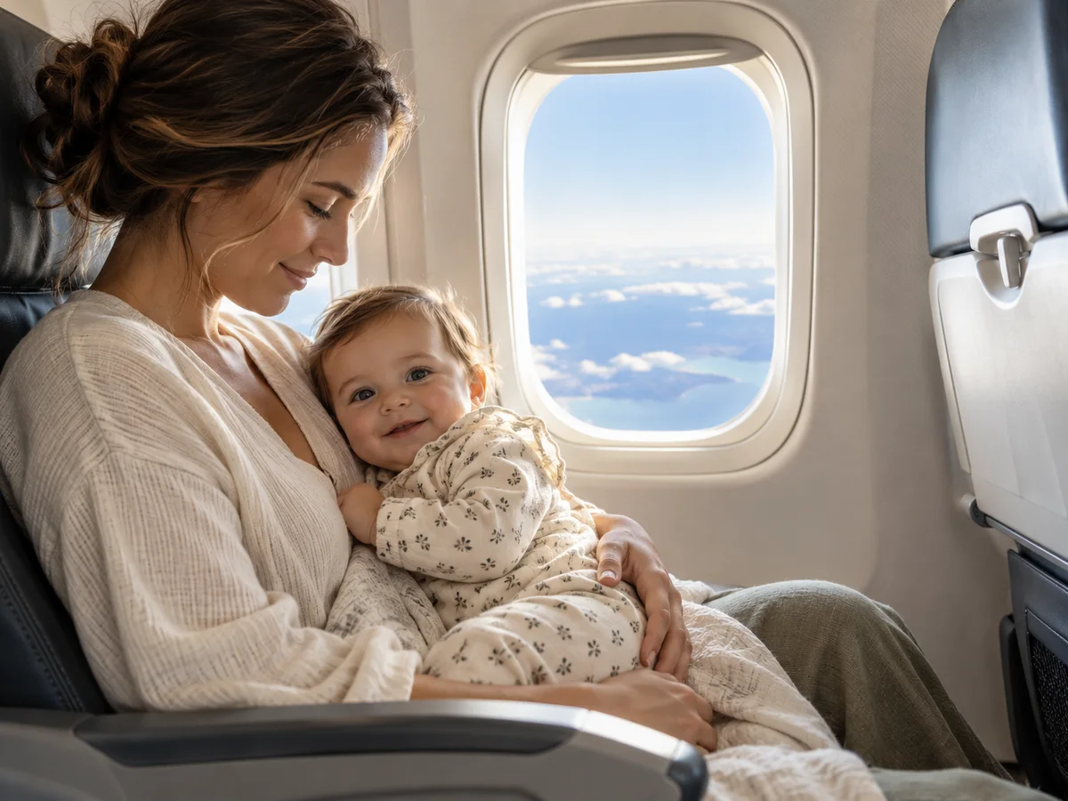 Illustration générique d'une maman installée dans un avion, son bébé sur les genoux