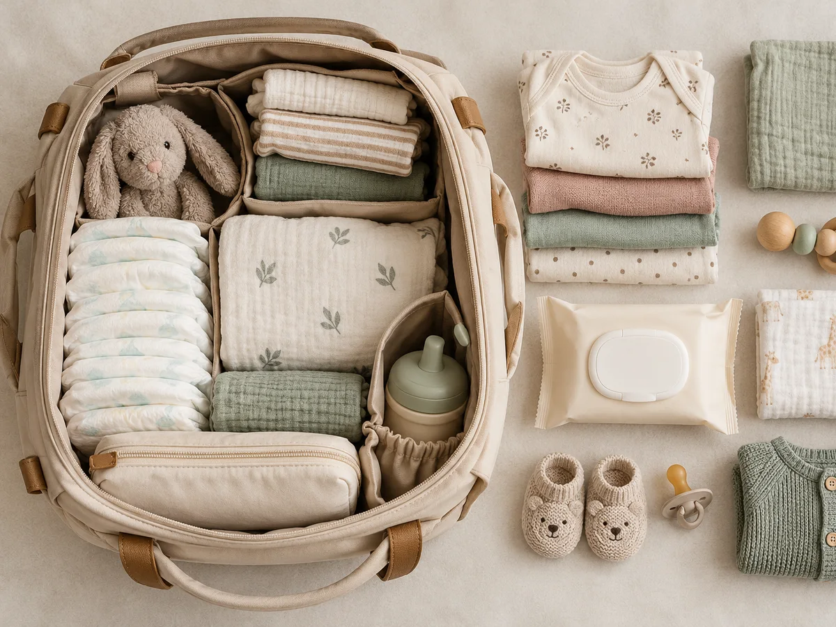 Illustration générique du contenu d'un sac à langer de voyage rangé à côté du sac ouvert