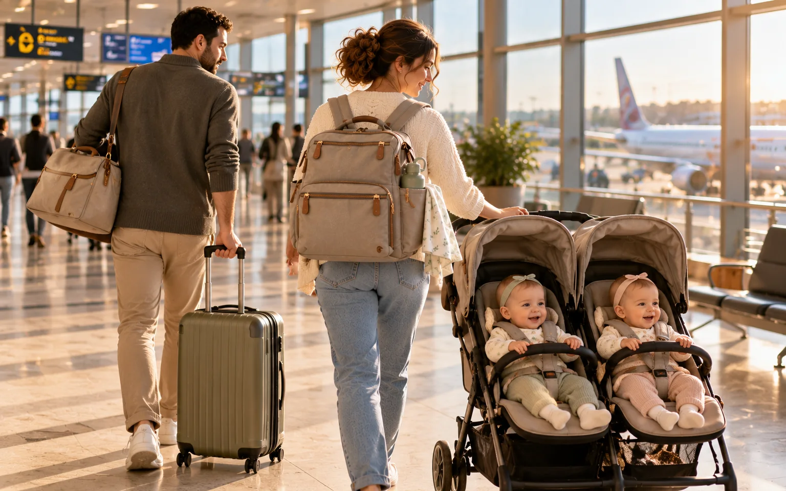 Illustration générique de parents qui traversent un terminal d'aéroport avec leurs jumeaux attachés dans une poussette double