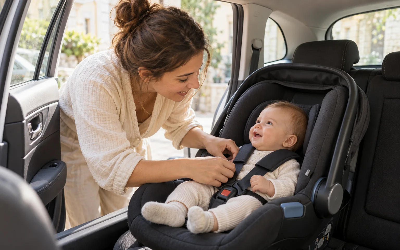 Illustration générique d'une maman qui vérifie le harnais de son bébé installé dans un siège auto, à l'arrière d'une voiture
