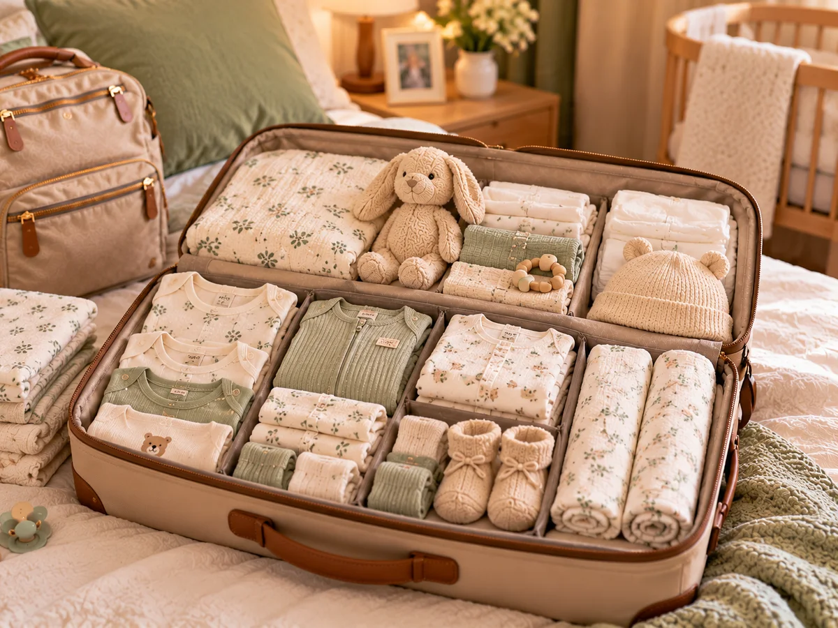 Illustration générique des premiers vêtements de bébé rangés dans une valise ouverte