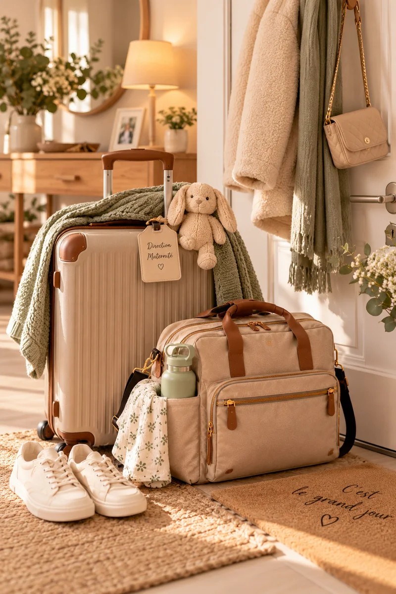 Illustration générique d'une valise de maternité et d'un sac prêts près de la porte d'entrée