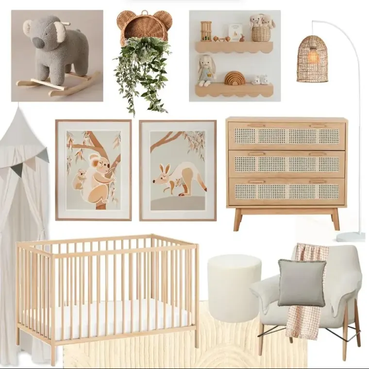 Illustration générique d'une chambre de bébé : lit à barreaux, commode, fauteuil et décoration