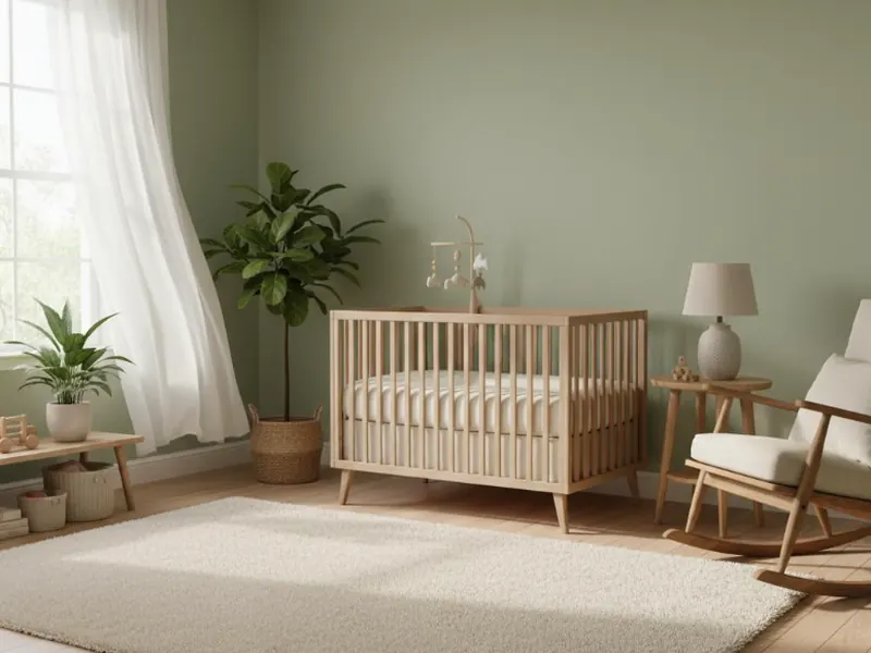 Illustration d'une chambre de bébé vert sauge avec un lit en bois