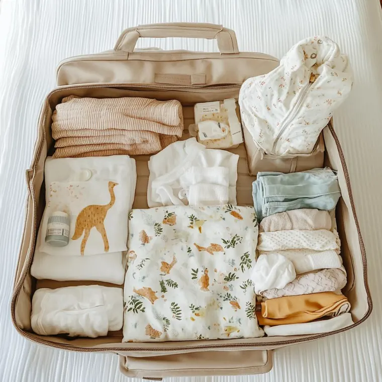 Illustration générique d'une valise de maternité ouverte, vêtements de bébé rangés