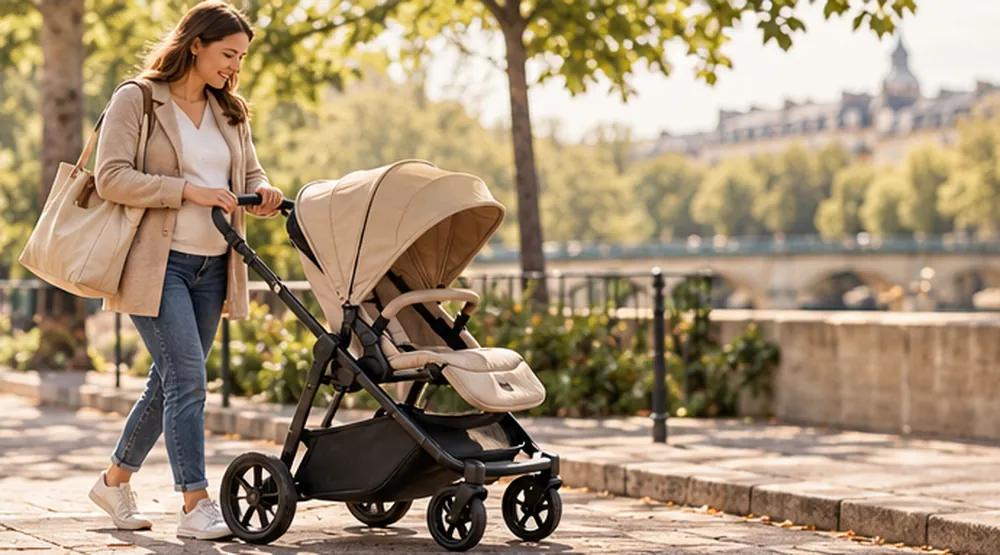 Illustration générique d'une maman en promenade avec une poussette, en ville